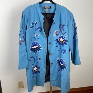 LAST CHANCE Blue coat with appliqué flowers on front and back and sleeves